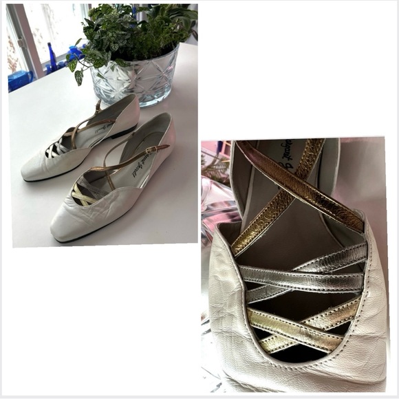 Margaret Jerrold 8.5 / Bone Leather D'Orsay Flats / Mixed Metallic Art Deco - Picture 4 of 16